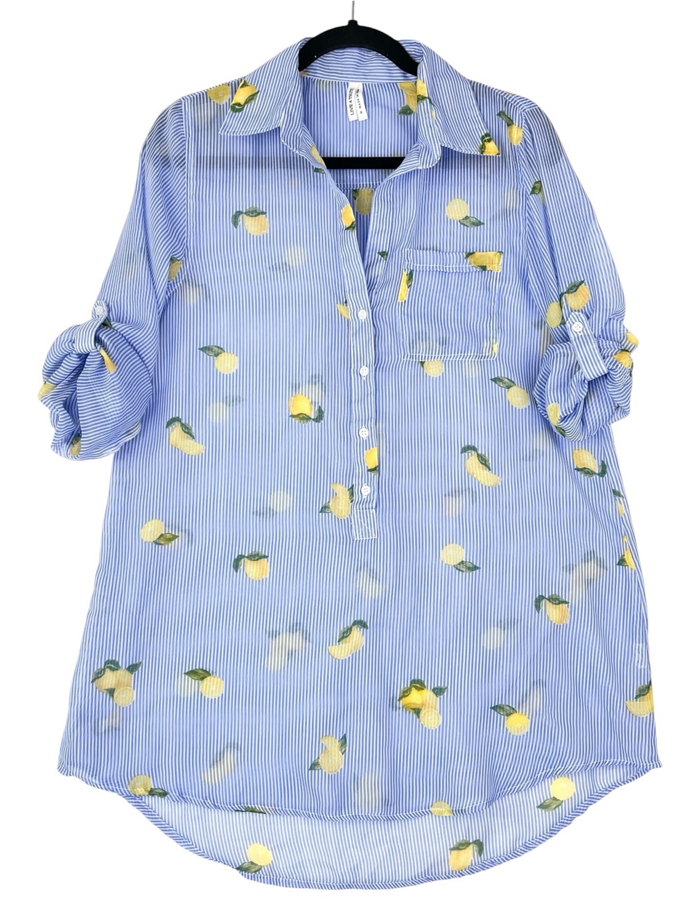 Live 4 Truth blue white pinstriped tunic top yellow lemon S Relaxed Semi-sheer